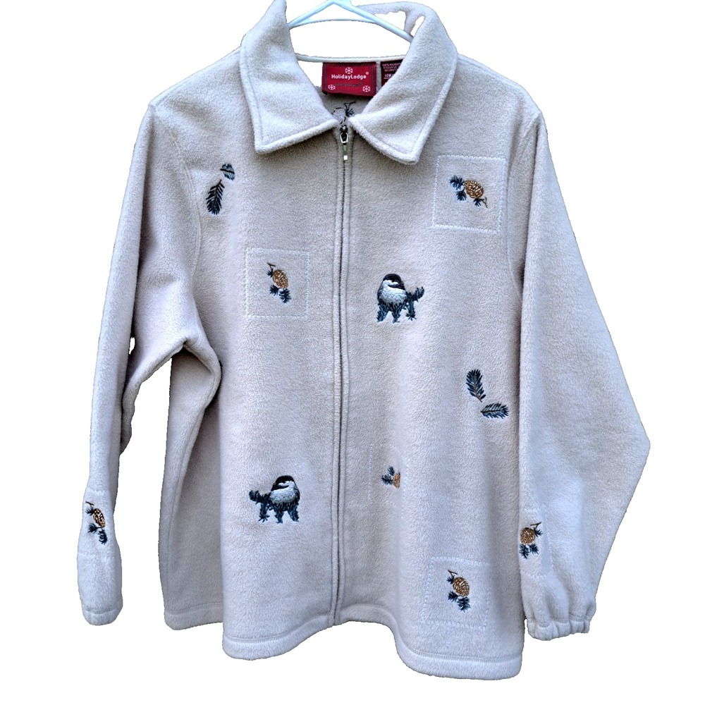 Holiday Lodge Fleece Jacket Women's 1X Ivory Full Zip Long Sleeve Soft Cozy Coat